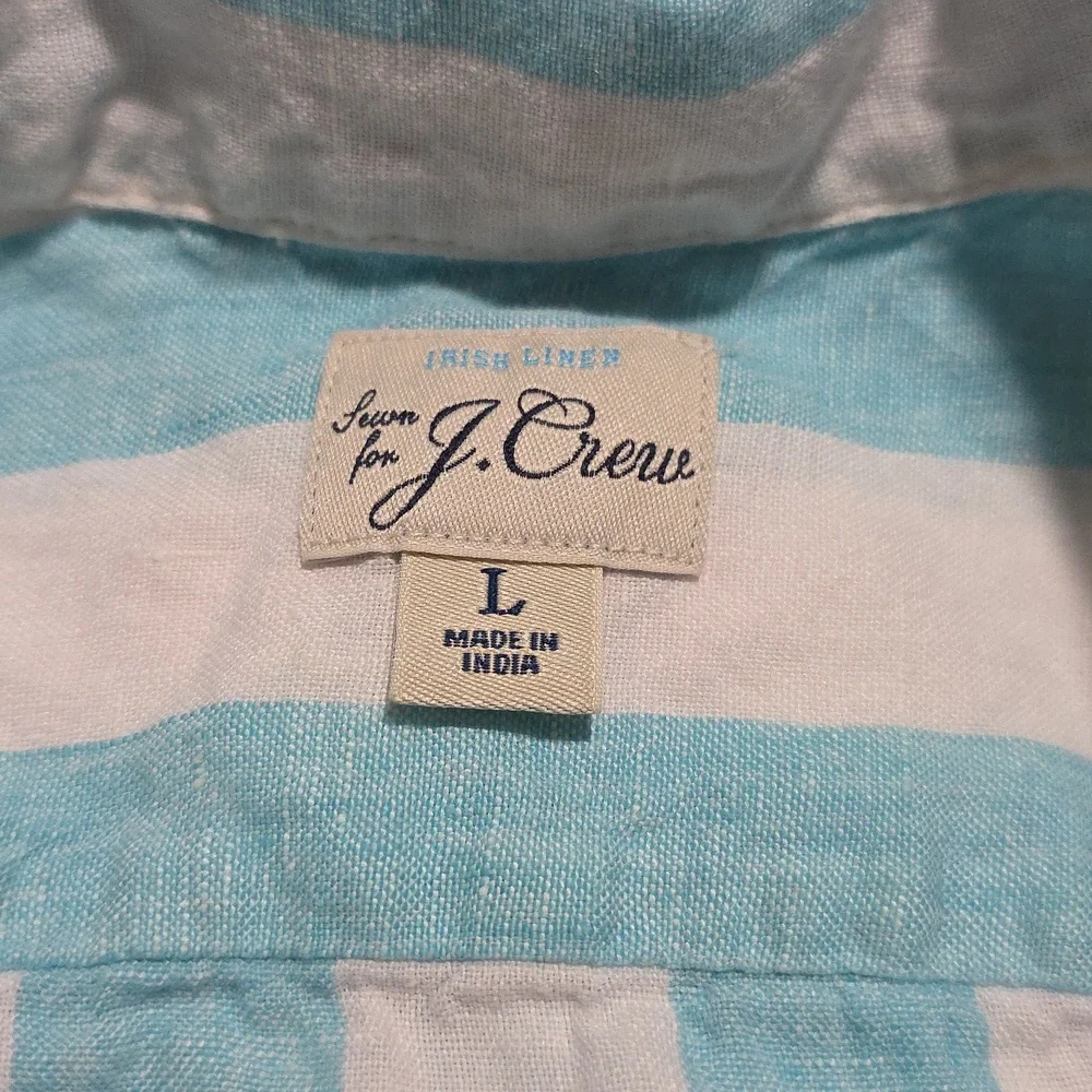 J. Crew Short Sleeve Linen Camp Collar Shirt in Cerulean Stripe Size Large